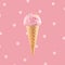 Ice cream cone close-up. Pink Icecream scoop in waffle cone over pink background. Strawberry or raspberry flavor Sweet gelato