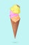 Ice cream cone with  colorful ice cream scoops on pastel blue background