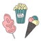 Ice cream cone, cotton candy and popcorn. Vector illustration in doodle style, isolated on white background.