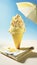 Ice cream cone with creamy scoops of various flavors, set against a bright blue sky and lush greenery on a sunny summer day