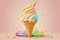 An ice cream cone with different colors on a pastel background 3D style 3D illustration