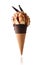 Ice cream cone flavored vanilla almond caramel isolated white