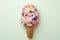 Ice cream cone with flowers. Summer minimal concept. Bouquet of flowers in icecream waffle cone. Trendy layout, AI generated