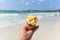 Ice cream cone in hand with sea background / Melting ice cream on beach in summer hot weather ocean landscape nature outdoor