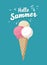 Ice Cream cone illustration for poster or card. Hello Summer creative flat drawing with triple ice cream scoop