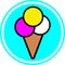 (Ice cream cone in magenta, yellow, white 3 scoops on cyan round isolated on white [Converted].eps