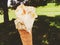 Ice cream cone melting outdoors in summer, sweet dessert food on holiday