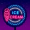 Ice cream cone neon billboard. Candy shop emblem. Summer cold dessert. Isolated vector stock illustration