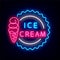 Ice cream cone neon sign. Candy shop emblem. Summer dessert. Isolated vector stock illustration