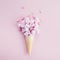 Ice cream cone with pink roses and hearts. Spring and summer Floral style. Flat lay