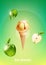 Ice cream in the cone, Pour green apple syrup and a lot of green apple background, illustration Vector