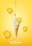 Ice cream in the cone, Pour lemon syrup and a lot of lemon background, transparent Vector