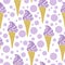 Ice cream cone seamless pattern, gently purple dessert and dots on a white background