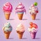 Ice Cream cone Set, Collection of cut out different illustrations of group refreshing scoop ball ice creams in waffle cones,AI