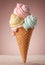 Ice cream cone with strawberry pink, mint green and vanilla flavor icecream swirled