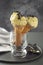 Ice cream cones in glass jar. Summer foods, vanilla ice cream dessert