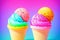 Ice cream cones on rainbow background. Colorful ice creams. Generative AI.