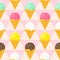 Ice cream cones seamless pattern. Cute summer background with sweet dessert and geometric backdrop.