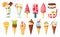 Ice cream cones. Strawberry popsicle, watermelon fruit ice, vanilla sundae, ice cream sandwich. Summer dessert with nuts