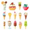 Ice cream cones topped with sprinkles, fruits, syrup, nuts. Tasty fruit ice, kiwi popsicle. Vanilla and chocolate sundae