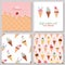 Ice cream cute cards and seamless pattern set. Kawaii cartoon characters. Wafer surface with melted strawberry cream