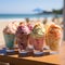 Ice cream in dessert glasses standing on the beach. Beautiful composition of sweet ice cream scoops in bowls on a sunny summer day