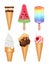 Ice cream dessert. Vanilla fruit chocolate ice cream in cone different toppings vector realistic pictures
