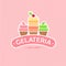 Ice Cream emblem. Gelateria logo. Italian cafe sign. Ice cream with letters on a pink background.