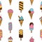 Ice cream, eskimo, waffle cone. Seamless pattern in doodle and cartoon style. Colorful.