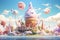 Ice Cream fancy world, Cartoon illustration of a big ice cream waffle cone surrounded by colorful creamy elements. AI Generate