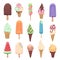 Ice cream flat. Cute kids frozen creamy desserts and sundae. Waffles cones vanilla, ice lolly scoops cake. Colorful