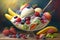 Ice cream with fresh fruits and berries in a glass bowl on wooden table