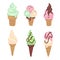 Ice cream. Frozen creamy desserts and sundae. Waffles cones vanilla, strawberry and pistachio with chocolate. Cold