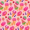 Ice-cream fruit berry bakery cupcake donut dessert food sketch seamless pattern vector