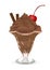 Ice cream in a glass vase, vector drawing, painted dessert. Chocolate cream mousse in a transparent cup with a cherry on top and c
