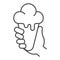 Ice cream in hand thin line icon, Aquapark concept, Hand holds waffle cone with balls sign on white background, Ice