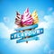 Ice cream illustration with delicious dessert and labelled ribbon on blue sky background. Vector design template for