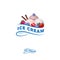 Ice cream logo. Letters on a ribbon and three scoops of ice cream with berries.