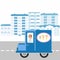 Ice cream machine icon. Vector illustration ice cream truck goes on the road against the background of the city. Side view