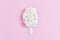 ice cream made of flowers on a pink background. fresh white hydrangeas. summer concept,