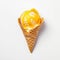 Ice cream mango scoop on waffle cone on white background. generative ai
