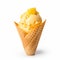 Ice cream mango scoop on waffle cone on white background. generative ai