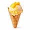 Ice cream mango scoop on waffle cone on white background. generative ai