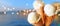 Ice cream with mediterranean background