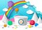 Ice cream plastic bucket mockup, paper cut sky clouds rainbow, vector illustration. Sweet dessert dairy food product ads