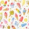 Ice Cream and Popsicles Seamless Pattern, Fresh Cold Summer Tasty Desserts Background, Wallpaper, Textile, Packaging