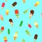 Ice Cream repeat seamless pattern in trandy paper cut style.. Tasty bright icecream stick and cones summer on blue