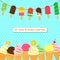 Ice cream on rope and border in craft style. Tasty bright icecream stick and cones summer on retro background for