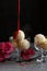 Ice cream scoop with pouring berry hot sauce in a transparent glass close-up with flowers