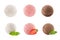 Ice cream scoops collection of six balls - creamy, strawberry, chocolate - decorated mint leaves, slice berry.